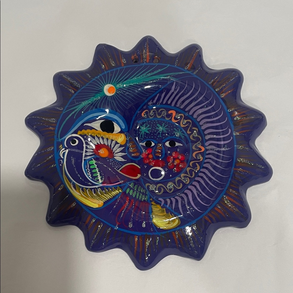 Mexican folk art hand painted Colorful Ceramic Sun and Moon Wall Art